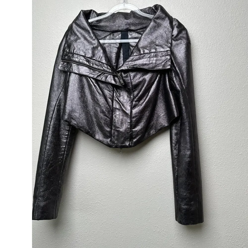 Gareth Pugh gunmetal calf leather cropped jacket women’s 10 draped zip - Picture 3 of 16